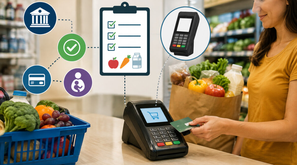 Grocery store checkout with eWIC terminal, approved foods, and benefits icons.