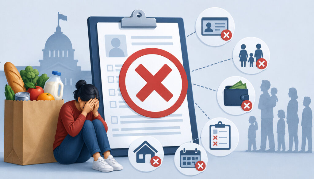 SNAP application denial illustration with rejected eligibility icons and groceries