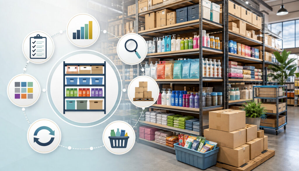 Warehouse inventory shelves showing stock depth, product variety, and inventory management icons