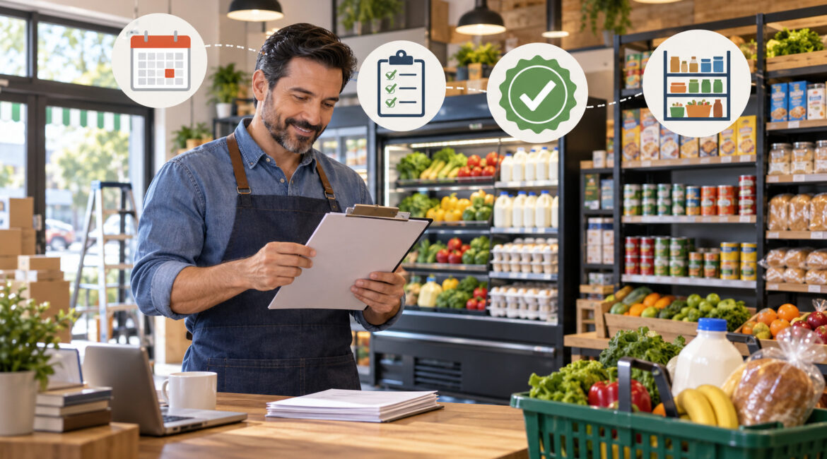 Store owner preparing SNAP authorization with stocked grocery shelves.