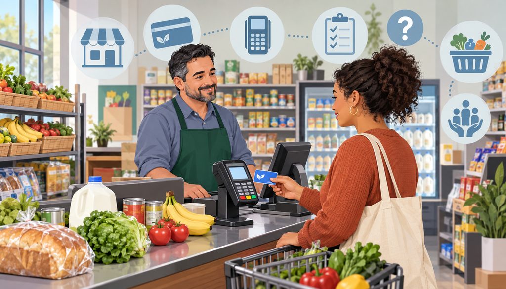 Small grocery store customer using an EBT card at checkout