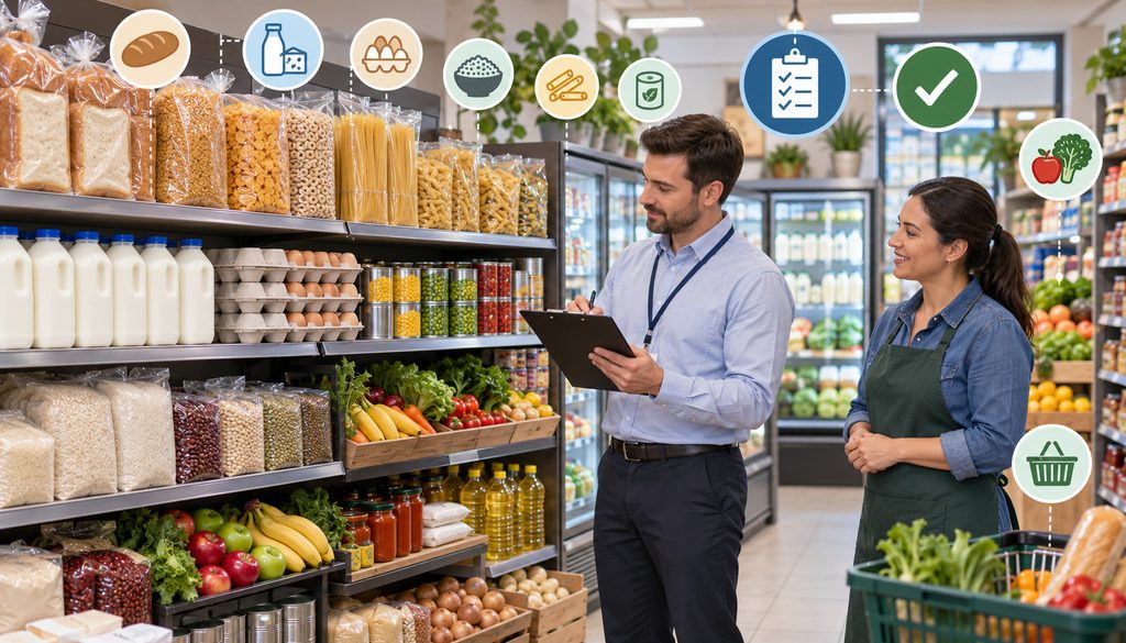 Grocery store staple food stock inspection with shelves of essential foods