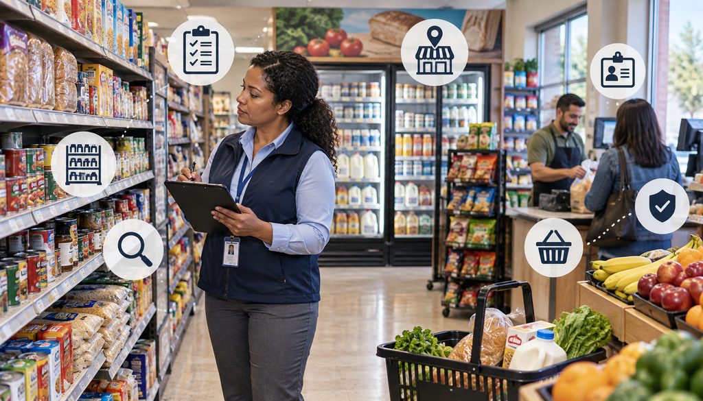 FNS inspector evaluating grocery store shelves and staple food inventory